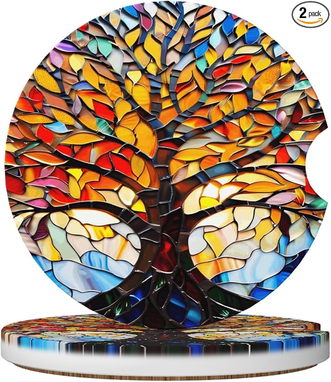 Tree of Life Art Car Cup Holder Coasters 2 Pack 2.63" for Women | Glass Universal Anti Slip Ceramic Absorbent Coaster with Cork Base and Finger Notch Cute Car Accessories Interior