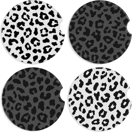 Boao 4 Pcs Leopard Car Cupholder Coasters for Valentine's Day, Ceramic Coasters 2.56'' Anti Slip Base with Finger Notch for Dry Clean, Car Interior Accessories, Birthday Gifts