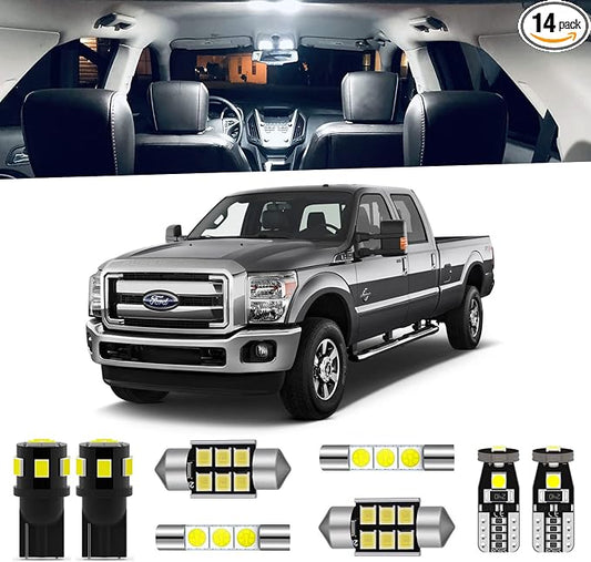 14-Pieces F250 F350 Interior LED Light Kit for 1999-2016 Ford F-250 F-350 Super Duty White 6000K Interior LED Lighting Package + Cargo Lights, License Plate Lights, Install Tool
