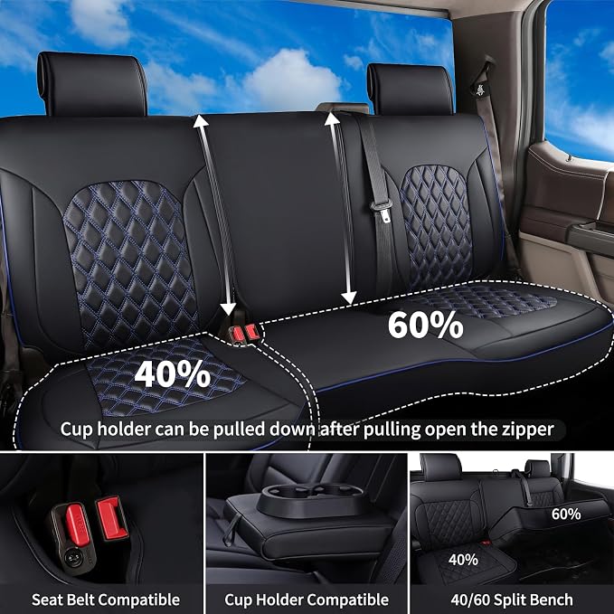 Huidasource Silverado Seat Cover, Sierra Seat Cover fit for Chevy Silverado/GMC 2014-2018 1500, 2015-2019 2500HD 3500HD Crew Double Extended Cab, Thickened Nappa Leather Truck Seat Covers, Black&Blue