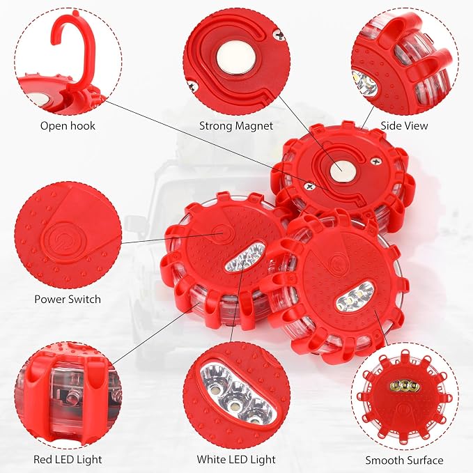 Tallew 12 Pack LED Road Flares Emergency Lights Roadside 9 Flash Modes Warning Car Safety Beacon Magnet Hook Flashing Disc Flare Kit for Vehicles Car Truck Boats Holiday Gift(Red)