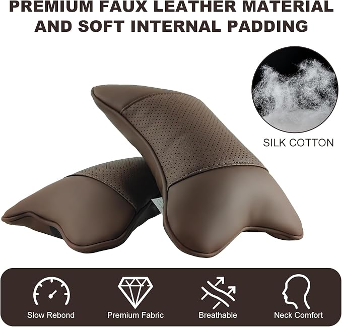 2 Pack Car Neck Pillow PU Leather Automotive Headrest Pillow for Car Support Neck Pain Relief Universal Car Pillow (Brown)
