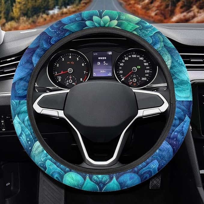 AFPANQZ Green Bohemian Flower Steering Wheel Protection for Automotive Steering Wheel Covers, Sweat Absorption Comfort Grip for Driver Women Men