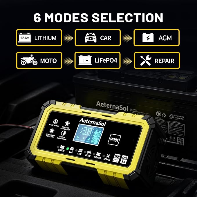 15-Amp 12V/24V Smart Battery Charger Trickle Charger for LiFePO4,Lead Acid Batteries Smart Battery Maintainer with Temp Compensation for Car Truck Lawn Mower Boat Marine