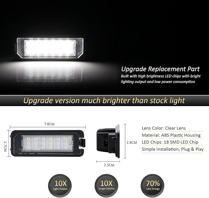 D-Lumina LED License Plate Lights Tag Lamp Assembly for Volkswagen VW Golf GTI MK4 MK5 MK6 MK7 CC Rabbit Polo EOS Phaeton Beetle Passat Scirocco, Powered by 18-SMD 6000K White LED Tag Light, Pack of 2