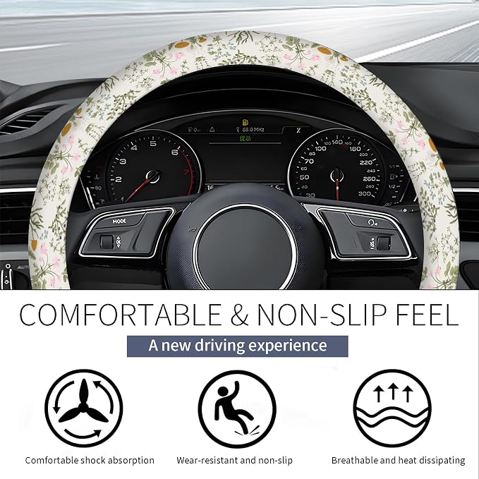 Steering Wheel Covers for Car, Truck, and SUV, Cute Non-Slip Breathable Elastic Steering Wheel, Car Accessories, Universal 15 Inch Leather Cover for Men Women Floral Greenery