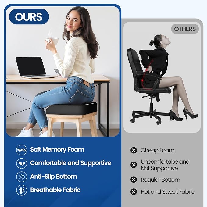 SweetSlubr Seat Cushion for Tailbone Pain Relief, Office Chair Cushion, Memory Foam Large Chair Pad with Non-Slip Cover for Soft Support at Office Chair, Car Seat, Airplane Black/2X-Large