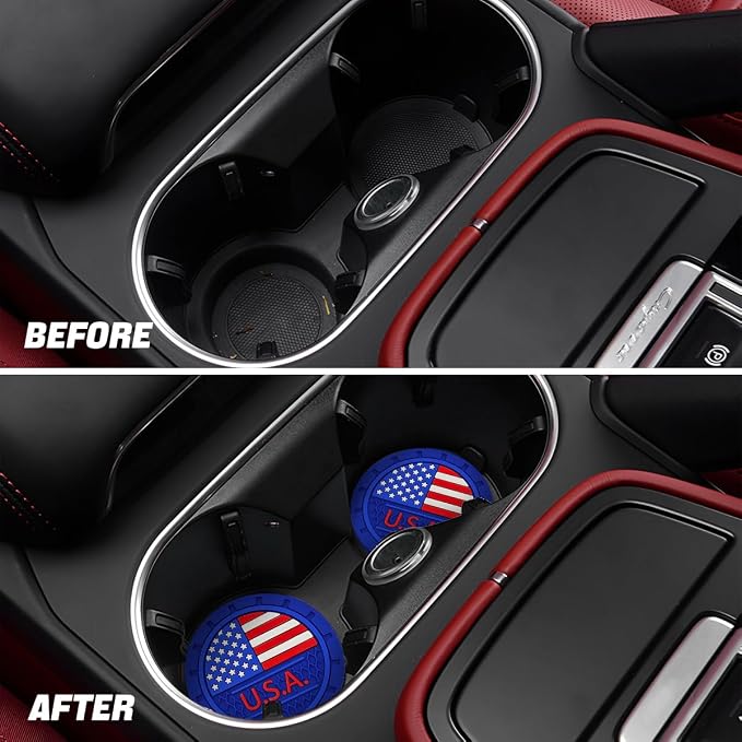AUCELI 2 Pack Car Cup Holder Coasters, Colored American Flag US Flag Insert Car Cup Coaster, 2.75 Inch Anti Slip Shockproof Embedded Drink Mat, Vehicle Interior Decor Accessories