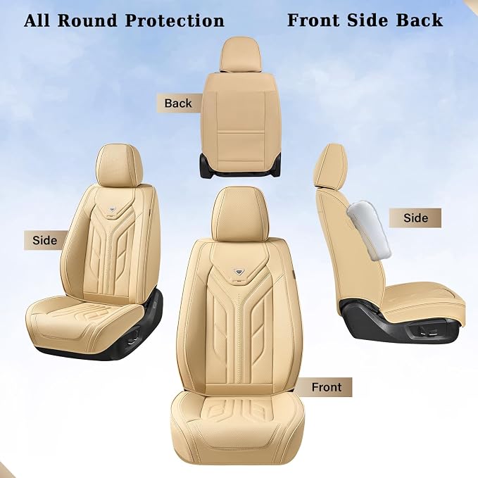 Coverado Car Seat Covers Full Set, Automotive Seat Covers Car Seat Protector Car Seat Cushion, Waterproof Leather Seat Covers for Cars, Universal Fit for Most Sedans SUV Pick-up Truck(Beige)