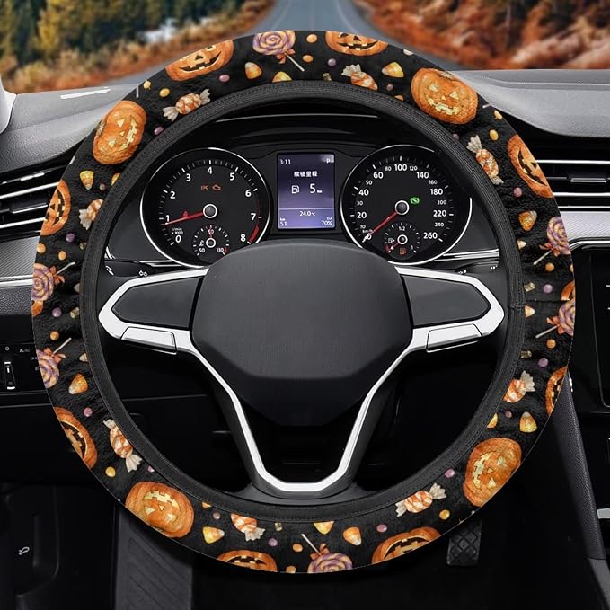 Wanyint Car Steering Wheel Cover Universal 15 Inch Anti-Slip Neoprene Auto Steering Wheel Protector Halloween Car Accessories Decor for Women Men, Pumpkin Candy