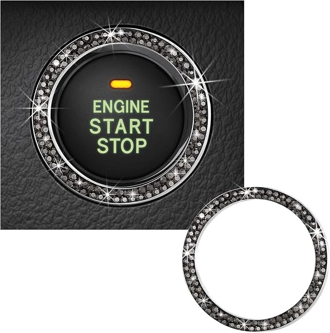 Kewucn Bling Crystal Double Rhinestone Car Engine Start Decoration Ring, Sparkling Push Start Button Sticker, Key Ignition & Knob Ring Decoration, Bling Car Interior Accessory (Bright Black)
