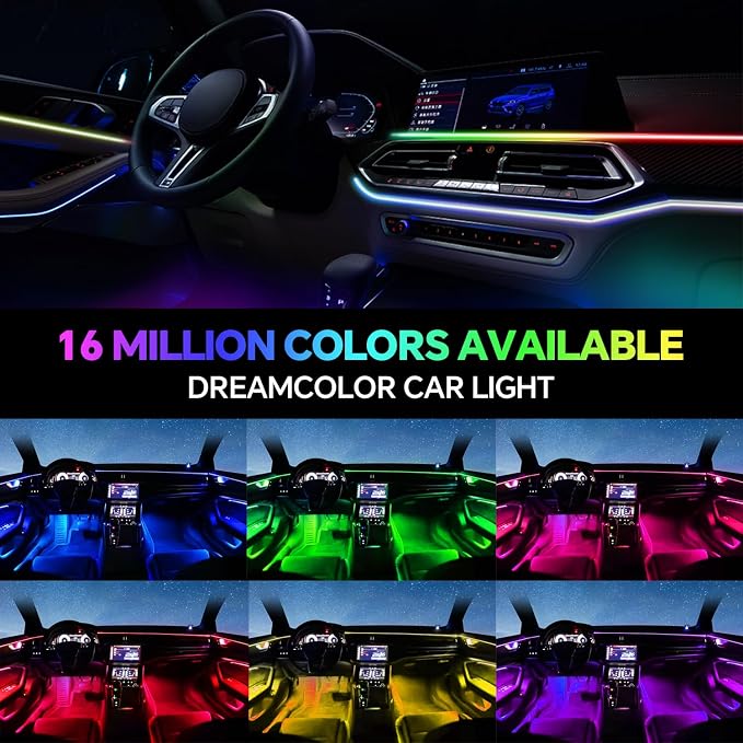 Dream Color Acrylic Interior Car Ambient Light Kit, Bphuny 18 in 1 593 LEDs Fiber Optic Multiple Modes Decoration Atmosphere Lights with Music Dynamic Rainbow Rhythm, RGB Neon Lights for All Cars