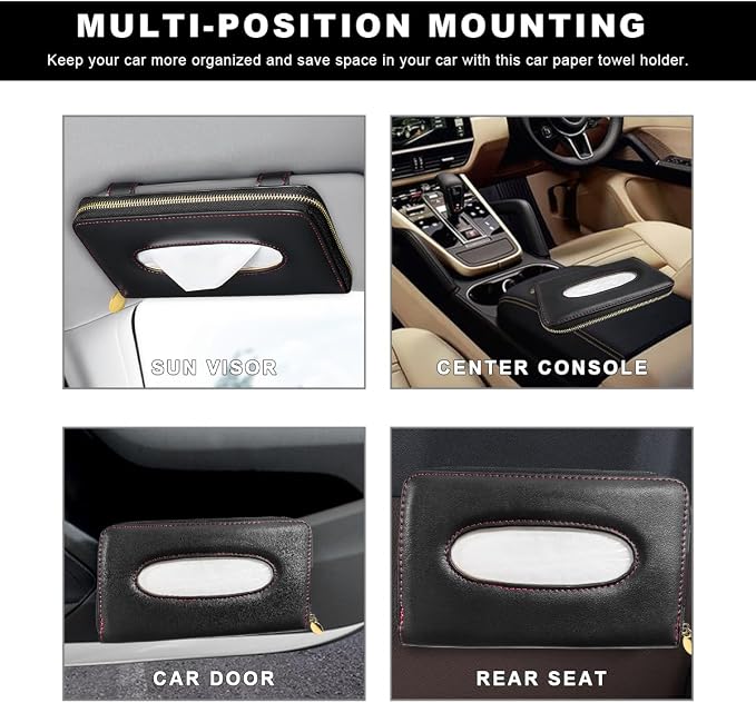Car Tissue Holder, Sun Visor Napkin Box Premium PU Leather Tissue Case with Zipper, Rectangular Hanging Paper Organizer Mask Dispenser for Sedans SUVs Trucks, Car Accessories (Black)