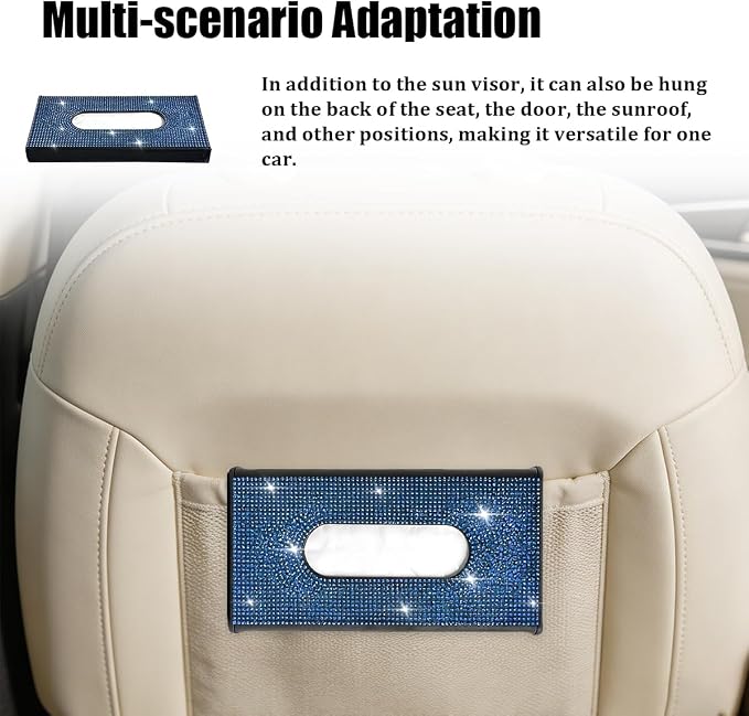 Bling Car Visor Tissue Holder, Shiny Rhinestone Leather Sun Visor Napkin Mask Case Holder Clip, Diamond AUT Paper Tissue Towel Box Dispenser, Universal Fit (Black/Blue)
