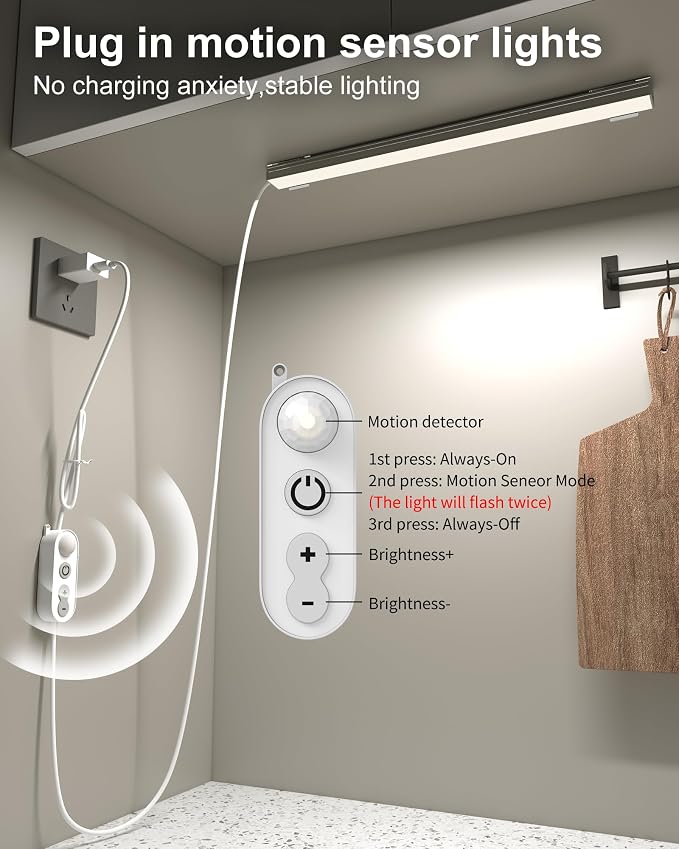 ASOKO Motion Sensor Dimmable Led Under Cabinet Light, 12" Daylight White | ASOKO Motion Sensor Dimmable Led Under Cabinet Light, 12" Plug in Daylight White 4500K Bar for Kitchen Closet
