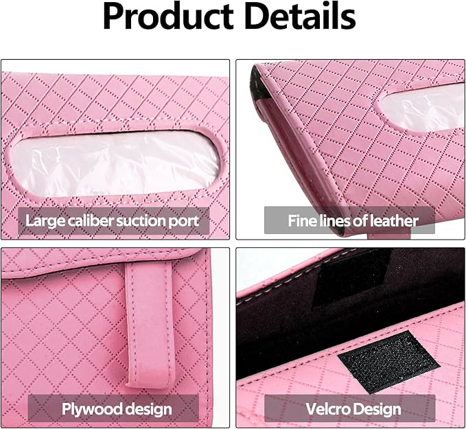 Wuyaoyao Car Tissue Holder, Auto Sun Visor Napkin Holder Mask Holder, Premium PU Leather Car Tissue Holder Visor Tissue Dispenser, Universal Sun Visor Tissue Box for Most Vehicle (Plaid-Pink)