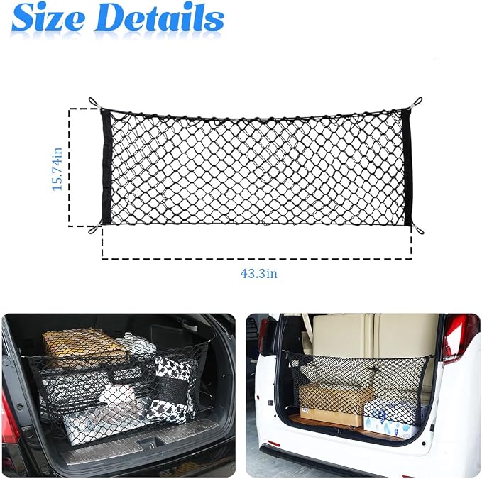 Car Rear Cargo Net, Adjustable Elastic Vehicle Double-Layer Mesh Storage Bag with Hooks, Stretchable Automotive Trunk Organizer Net, Universal for Sedan, RV, Truck (43.4" x 15.74")