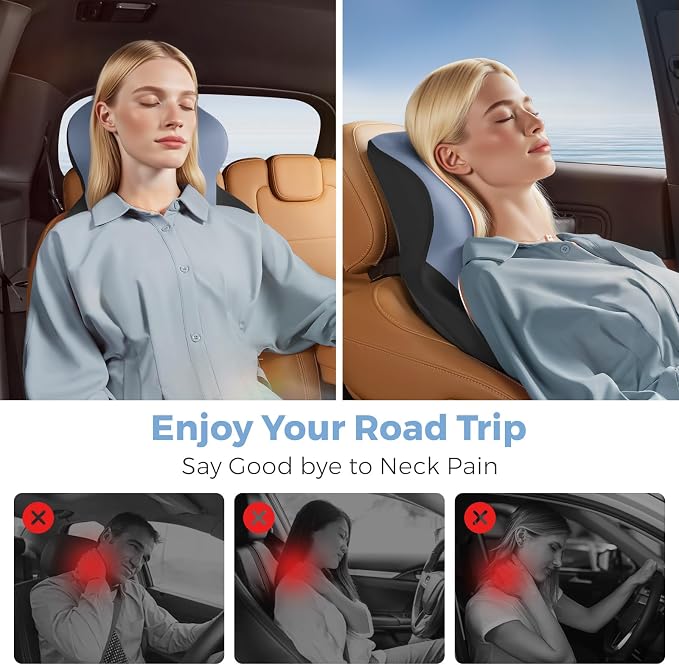 BEBAS Car Headrest Pillow, Ergonomic Neck Pillow with Memory Foam, Enlarged Surface for Head Neck Shoulder Support, Breathable Removeable Car Seat Pillow for Pain Relief(BlackBlue, 1 Pack)