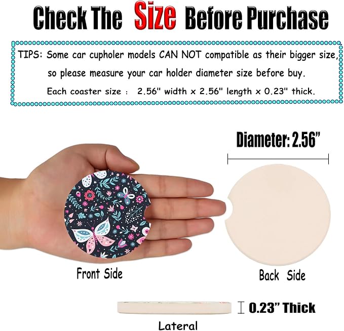 Butterfly Small 2.56" Absorbent Car Coasters 2 Pack, Auto Coasters for Cup Holders, Ceramic Car Accessories Absorb Spills to Keep Cupholders Clean