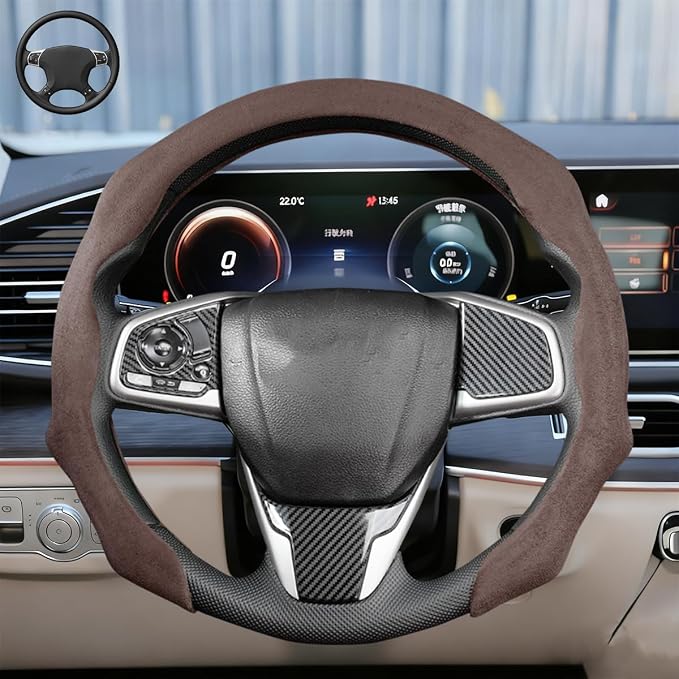 Car Steering Wheel Cover, Soft Brethable Suede Non-Slip Vehicle Steering Wheel Protector, Comfortable Sporty Auto Interior Protection Accessories, Universal for Truck SUV Van (Coffee)