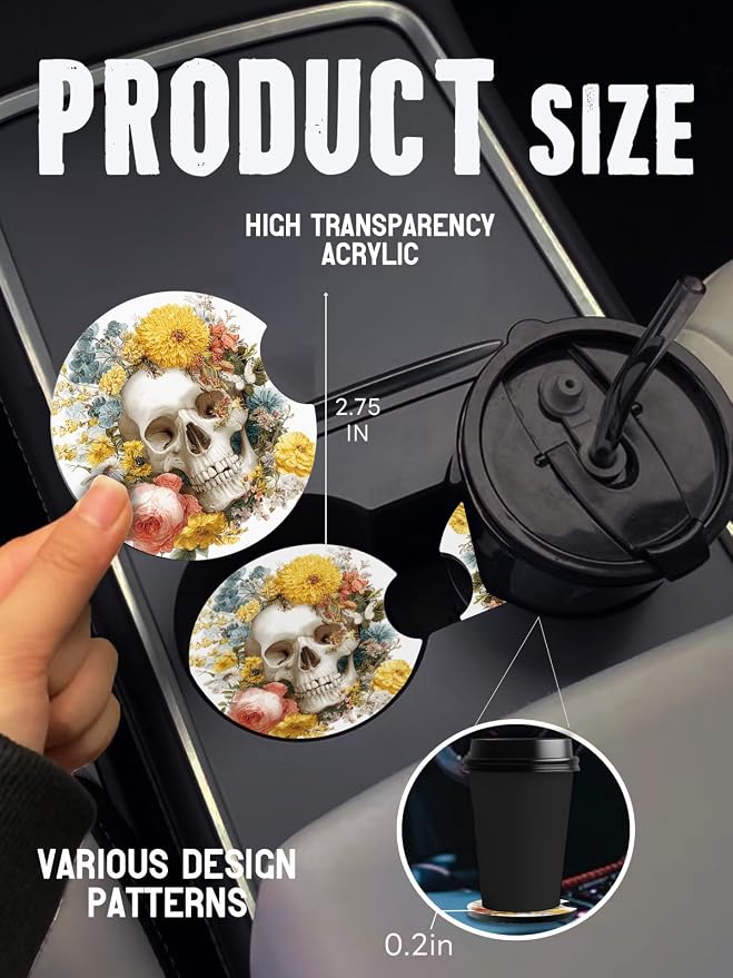 Car Cup Coasters,2 Pack Car Coaster,2.75inch Anti Slip and Absorbent Cars Coasters for Cup Holders,Car Accessories for Women,Cute Decor for Women (Floral Skull)