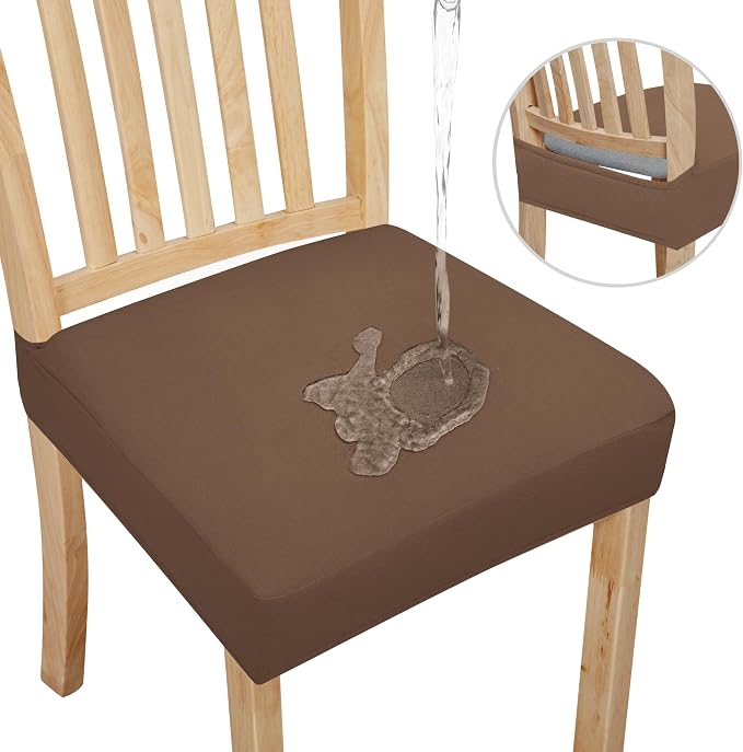 Easy-Going 100% Waterproof Seat Covers for Dining Room Chairs Set of 2, Stretch Chair Seat Slipcovers Protector Removable and Washable Kitchen Dining Chair Covers, Brown