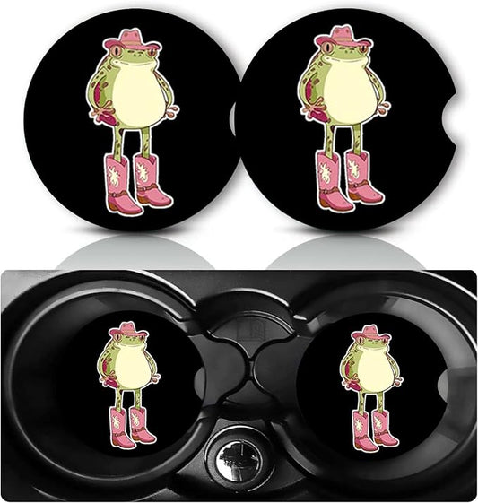 2PCS Cowboy Frog Car Cup Holder Coasters Universal Anti-Slip Rubber Mat | Frog Auto Accessories Interior Decor, 2.75" Car Coasters for Cup Holders with Finger Slot, Frogs Gifts for Women Men