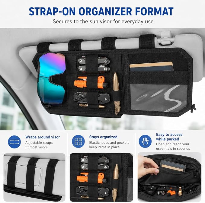 GOOGO Car Sun Visor Organizer, Black Nylon MOLLE Panel | black nylon pouch with a MOLLE panel, strap-on organizer format, for cards, pens, small tools, and flat accessories