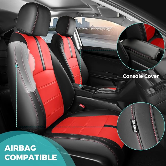 Seat Covers for Honda Civic Hatchback LX, EX, EXL, Sport, Touring, 2016-2021, Faux Leather Car Seats Cover Full Set Seatback Waterproof, Black Red (60/40 Split Seatback)