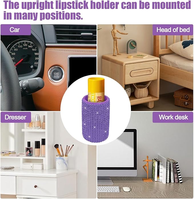 Upright Car Chapstick Holder, Bling Insulating Lip Balm Holder,Rhinestone Car Accessories for Women Interior ,Suitable for Most Vehicles. (Purple)