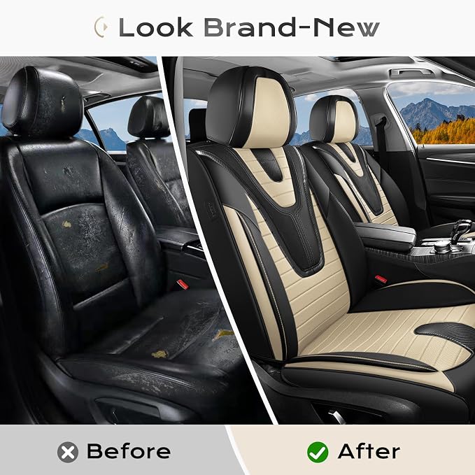 Coverado Car Seat Covers Front Seats, 2 Pack Waterproof Leather Front Seat Covers, Universal Fit for Cars SUVs Sedans,Black Beige
