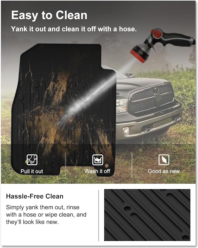 Kiwi Master Floor Mats for 2009-2018 Dodge Ram 1500/2500/3500 Crew Cab | 2019-2024 Ram 1500 Classic Crew Cab, Custom Fit All Weather Car Mat, Heavy Duty TPE Floor Liners, Front Rear 2 Row Set, Black