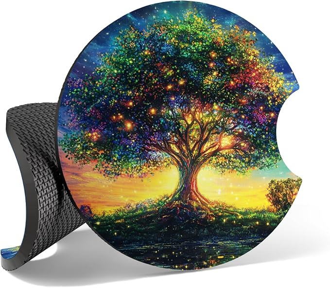 Car Cup Coasters,2 Pack Car Coaster,2.75inch Anti Slip and Absorbent Cars Coasters for Cup Holders,Neopren Accessories for Women,Cute Decor for Women (Tree)