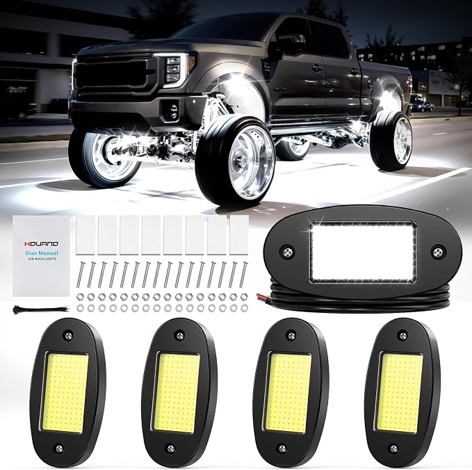 Hovano 4 Pods COB White Rock Lights, 120 COB Chips 6500K Pure White Super Bright Neon Underglow, IP68 Waterproof Shockproof Off-Road Light Kit for Pickup Trucks, SUV, UTV, ATV, RZR, Cars Boats