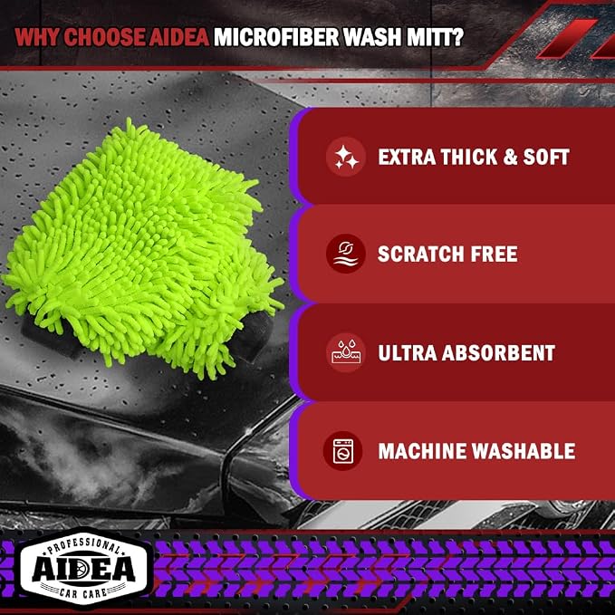 AIDEA Car Wash Mitt Microfiber, 1PK, Car Wash Brush, Green, 7.12''X10.14'' | Scratch Free Lint-Free Premium Chenille Microfiber Mitt, Cleaning Supplies, Regular Size