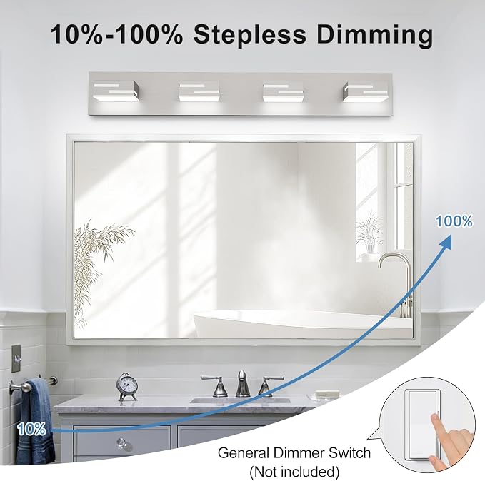 LED Modern Bathroom Vanity Light Fixtures, Dimmable Brushed Nickel Vanity Lights for Bathroom Lighting Fixtures Over Mirror, with 360° Rotatable Acrylic Heads 4-Light 30-inch (Cool White 6000K)
