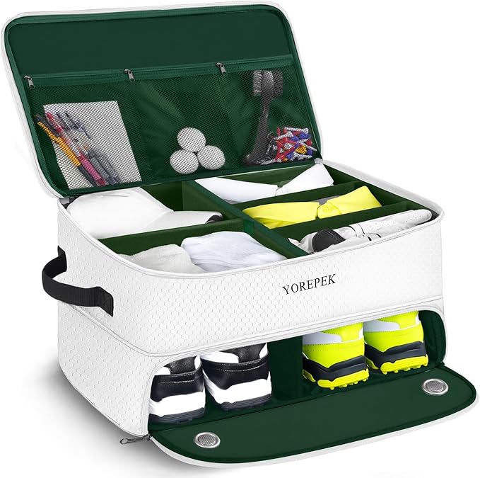 YOREPEK Golf Gifts for Men, 2 Layer Golf Trunk Organizer for 2 Pair Shoes | Waterproof Car Trunk Locker with Separate Ventilated Compartment for Balls, Tees, Clothes, Gloves, Birthday Gifts for Golfers