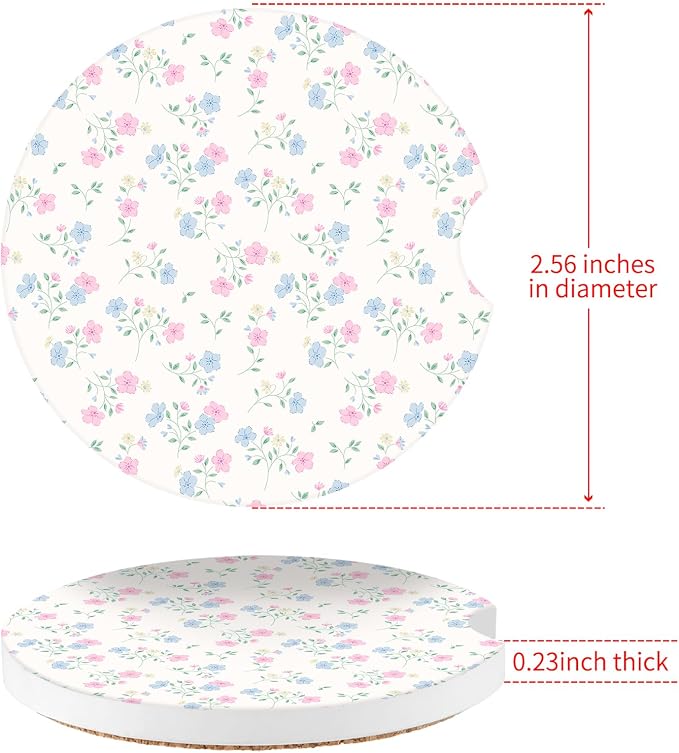Vintage Flowers Car Coasters,Absorbent 2 Pack for Cup Holders with Finger Notch,2.56 inches Ceramics Heat Resistant Anti Slip Cork Base Car Drinks Coasters Auto Cup Holder