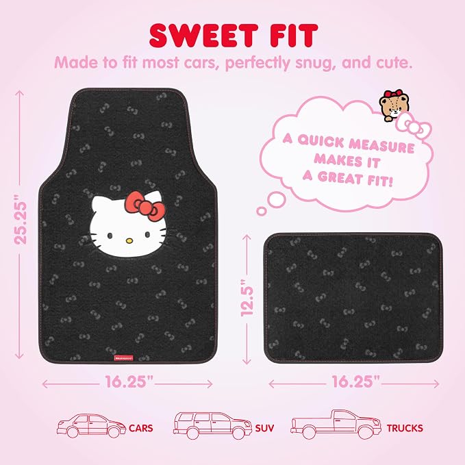 Hello Kitty Carpet Car Floor Mats - Universal Fit for Cars, SUVs & Trucks - Black with Red Bow & Hello Kitty Print - Front & Rear Set, 4 Piece Car Accessories