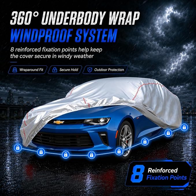 Car Cover Waterproof All Weather for Chevrolet Camaro 2010-2025,All-Around Fastening and 4 Upgrades, 120s Quick-Install for Car Cover