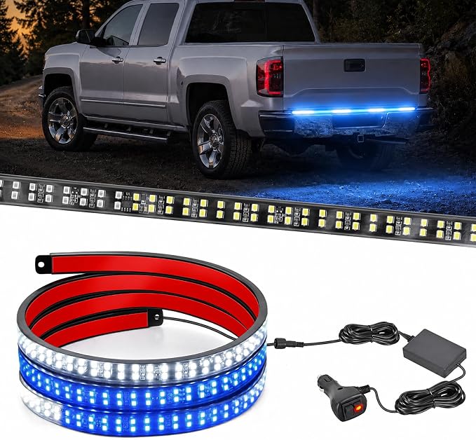 Nilight 60 Inch Truck Tailgate Strobe Light Strip Tail Emergency Bar Rear Window Warning Lamp Ultra-Bright Double Row 360 LED for Pickup Trailers Construction Vehicles Car SUV, Blue White
