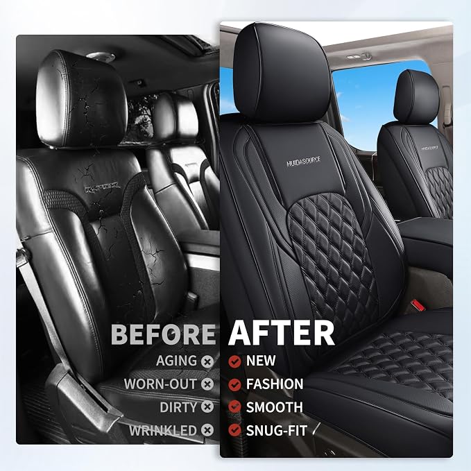 Huidasource Dodge Ram Front Seat Covers, Waterproof Leather Pickup Truck Seat Cover Fit for 2009-2018 ram 1500, 2010-2025 2500/3500 Crew/Mega Cab, 2019-2025 ram 1500 Classic Only(Flat Front/Black)