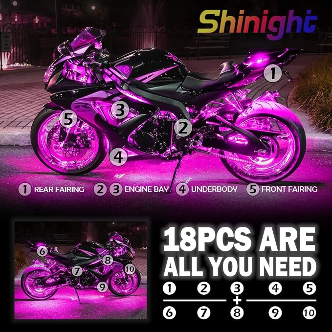 SHINIGHT 18 Pcs Motorcycle LED Light Kits, App Control Multicolor Waterproof Motorcycle LED Strip Lights with RF Remote, Music Sync & Multiple Scene Modes RGB LED Lights for Motorcycles