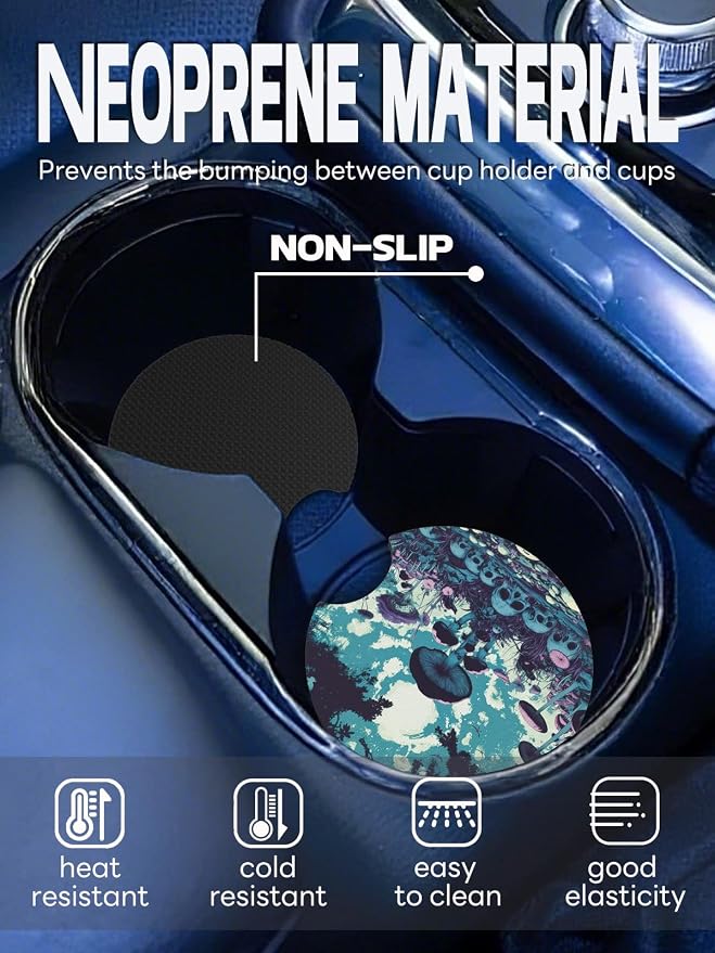 WOCOCN Car Coasters,Cup Holder Coasters for Car,2.75inch Anti Slip and Absorbent,Cute Automotive Interior Accessories for Cup Holder,Pack of 2 (Skull Under Mushroom)