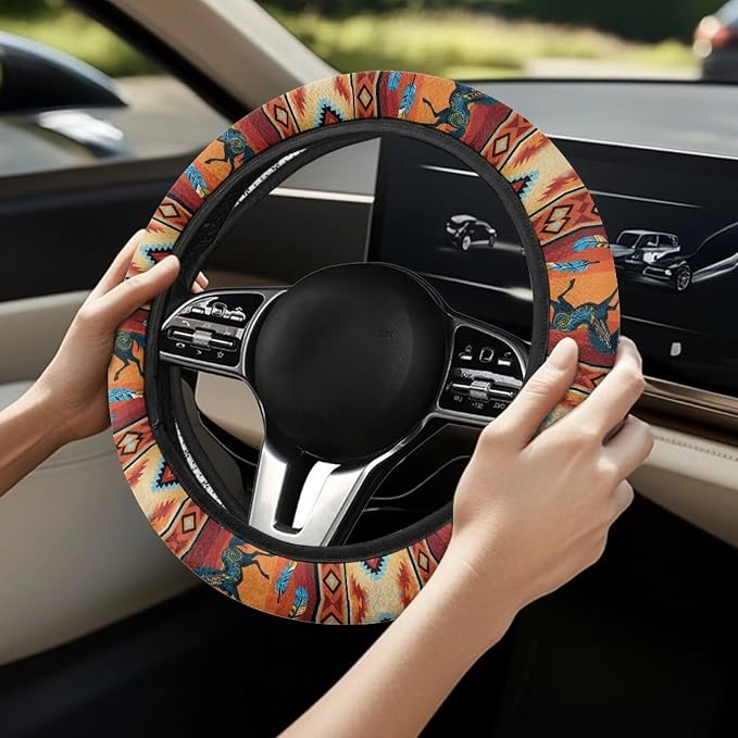 Wanyint Auto Steering Wheel Cover for Women Men, Universal 15 Inch Soft Elastic Steering Wheel Wrap Anti-Slip Easy to Install Car Accessories, Aztec Geometric Horse Orange