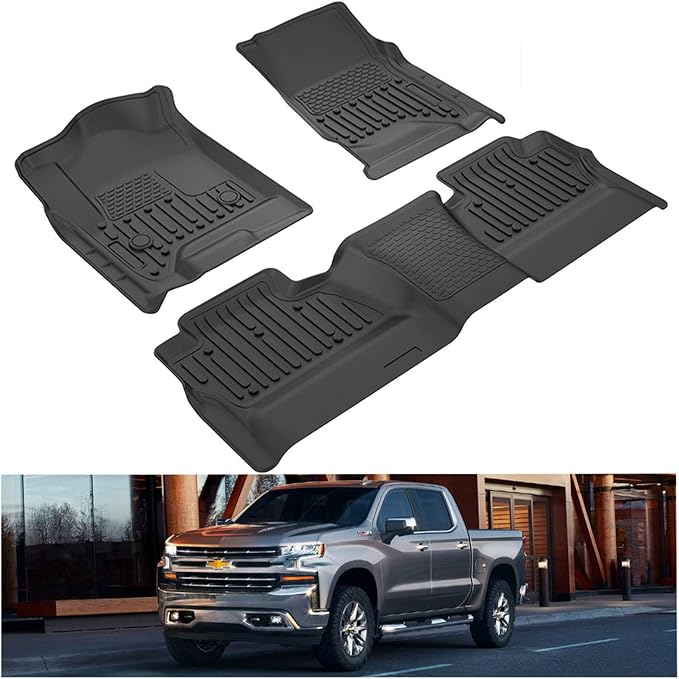 Kiwi Master Floor Mats for 2014-2018 Chevy Silverado/GMC Sierra Crew Cab | 1500/2500/3500 HD, Custom Fit All Weather Car Mats, Heavy Duty TPE Floor Liners, Front & Rear 2 Row Set, Black