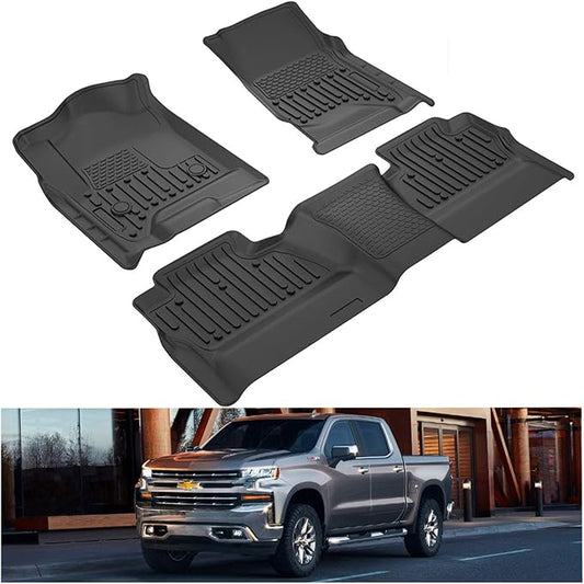 Kiwi Master Floor Mats for 2014-2018 Chevy Silverado/GMC Sierra Crew Cab | 1500/2500/3500 HD, Custom Fit All Weather Car Mats, Heavy Duty TPE Floor Liners, Front & Rear 2 Row Set, Black
