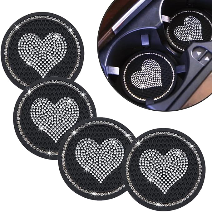 Car Coasters for Cup Holders, 2.75 Inch Auto Cup Holder Insert Coasters Silicone Anti-Slip Crystal Rhinestone Cute Drink Car Cup Mat, 4PSC Bling Car Accessories for Women & Lady (Heart Black)