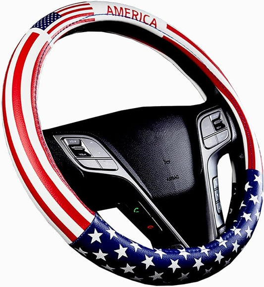 Dotesy Leather Auto Steering Wheel Cover, Fashion Flag Style Car Steering Wheel Cover Protector Universal for 36.5-38cm (American Flag)