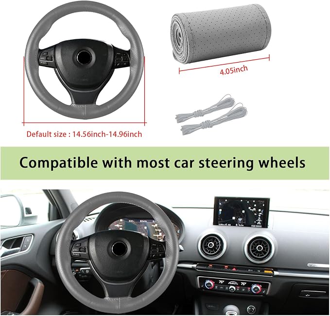 Kewucn Genuine Leather Steering Wheel Cover, 15" Universal Car Steering Wheel Protector with Needle Thread, Breathable Anti-Slip Steering Wheel Cover DIY Stitch on Wrap (Gray, Full Hole)